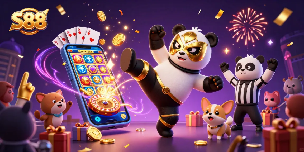 S88 brings thrilling action with a lucha libre panda in a vibrant casino scene featuring slot games.