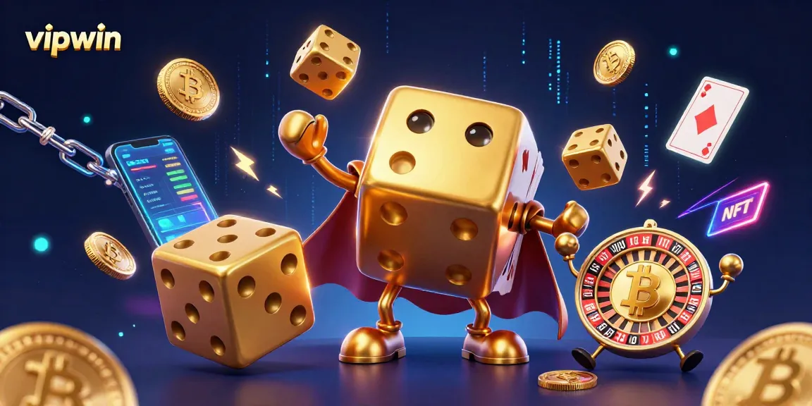 Engage with vipwin's thrilling gameplay through animated golden dice and crypto elements.