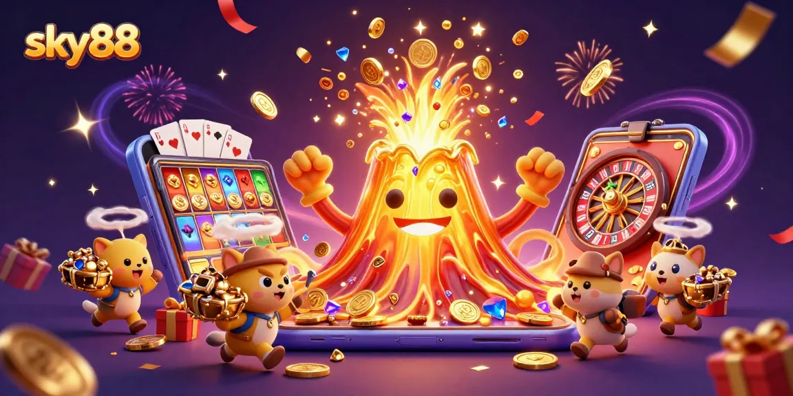 Experience thrilling excitement with sky88 as golden coins erupt from rich casino elements in this vibrant illustration.