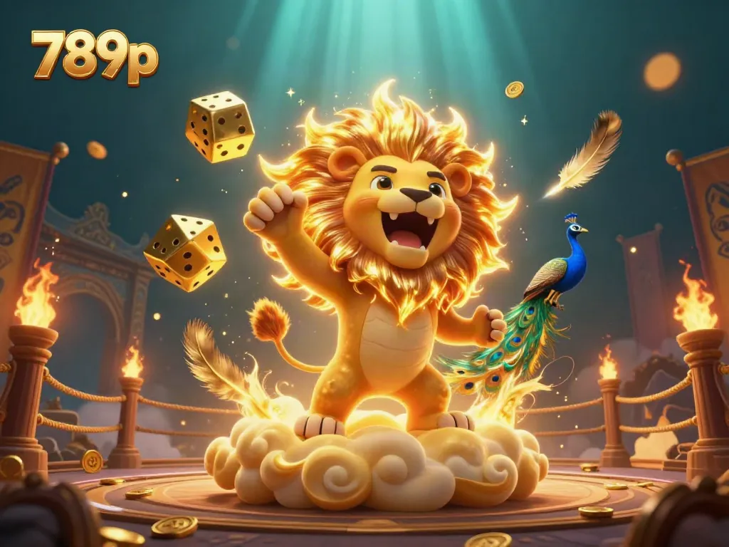 Play at 789p and witness the roaring lion with golden dice and vibrant gambling elements.