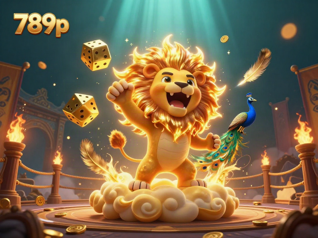 Play at 789p and witness the roaring lion with golden dice and vibrant gambling elements.