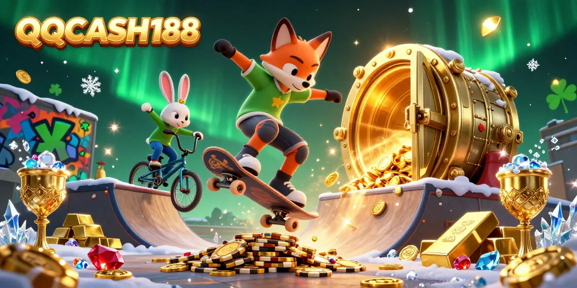 Experience thrilling action with QQCASH188 as a skateboarder fox performs tricks over golden poker chips in a vibrant casino scene.
