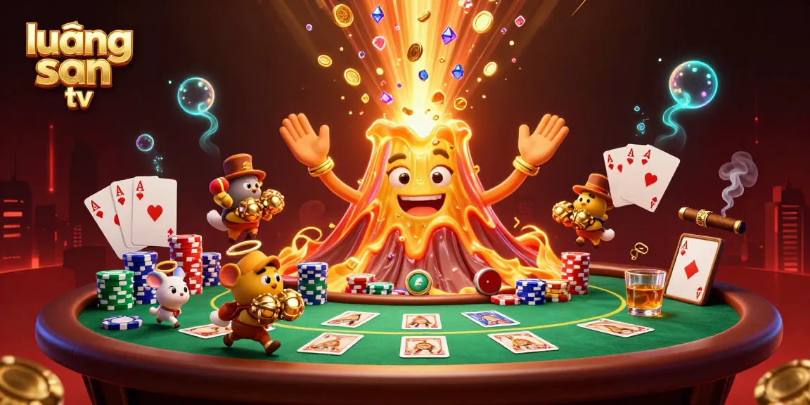 lương sơn tv showcases a vibrant scene of a golden volcano surrounded by poker elements and treasure