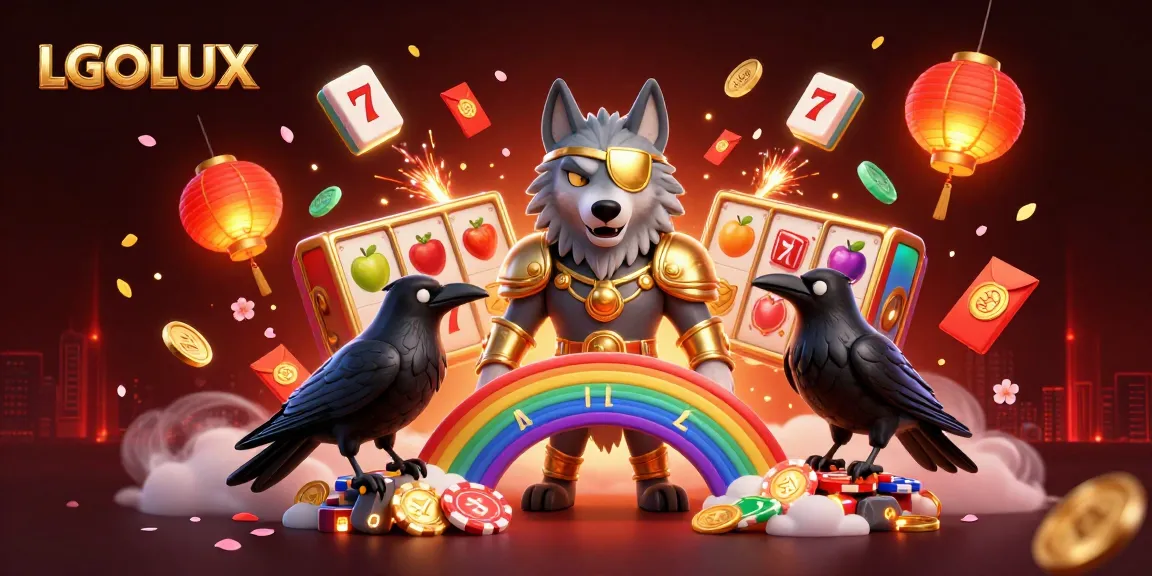 Engage with LGOLUX's vibrant slot experience featuring Odin and ravens amidst glowing casino-themed elements.