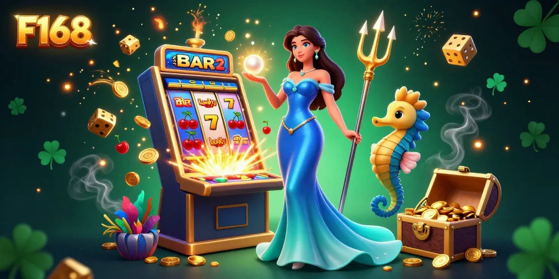 Experience F168's vibrant online casino excitement with an illustrated jackpot scene filled with symbols and treasures.
