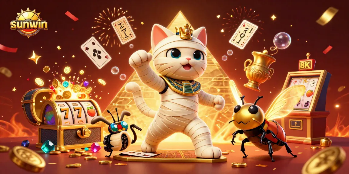 Experience the thrilling world of sunwin with a vibrant mummy cat, glowing scarab, and gold coins!