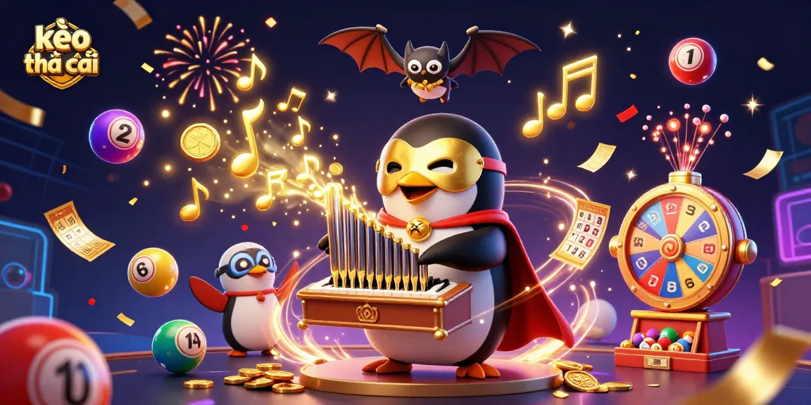 Spin to win with kèo nhà cái as a penguin plays an organ shooting golden coins, surrounded by dynamic lottery elements.