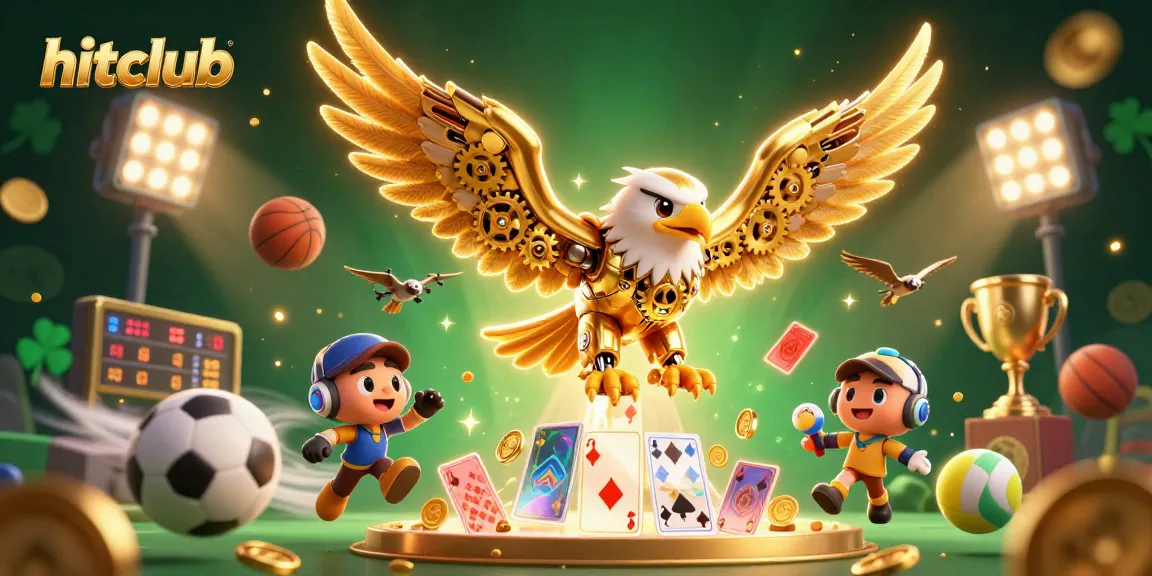 Engage with hitclub's thrilling casino experience featuring a cybernetic eagle and dynamic sports elements.