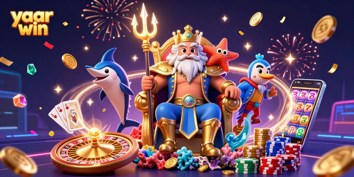 Elevate your gaming experience with yaar win’s stunning 3D casino illustration featuring Neptune and vibrant game elements.