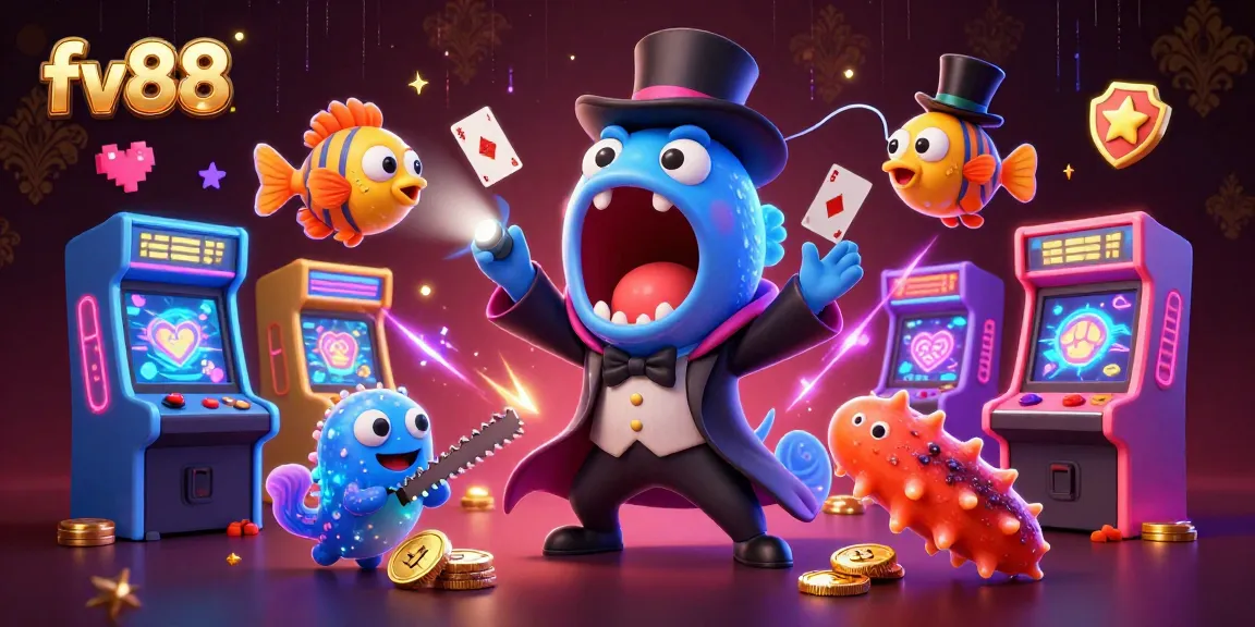 Experience the thrill of fv88 as a bioluminescent eel performs magic tricks among vibrant gaming elements.