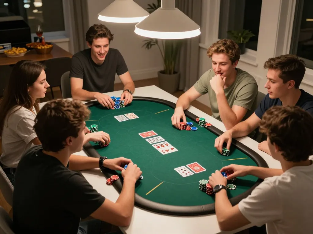 Ami(e)s profitant d'une soirée poker à la maison, illustrant le frisson du casino en ligne argent réel France.