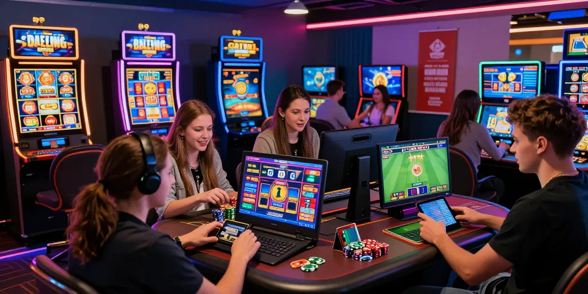 Players enjoying exciting games at online casinos not on gamstop uk with various devices and vibrant atmosphere.