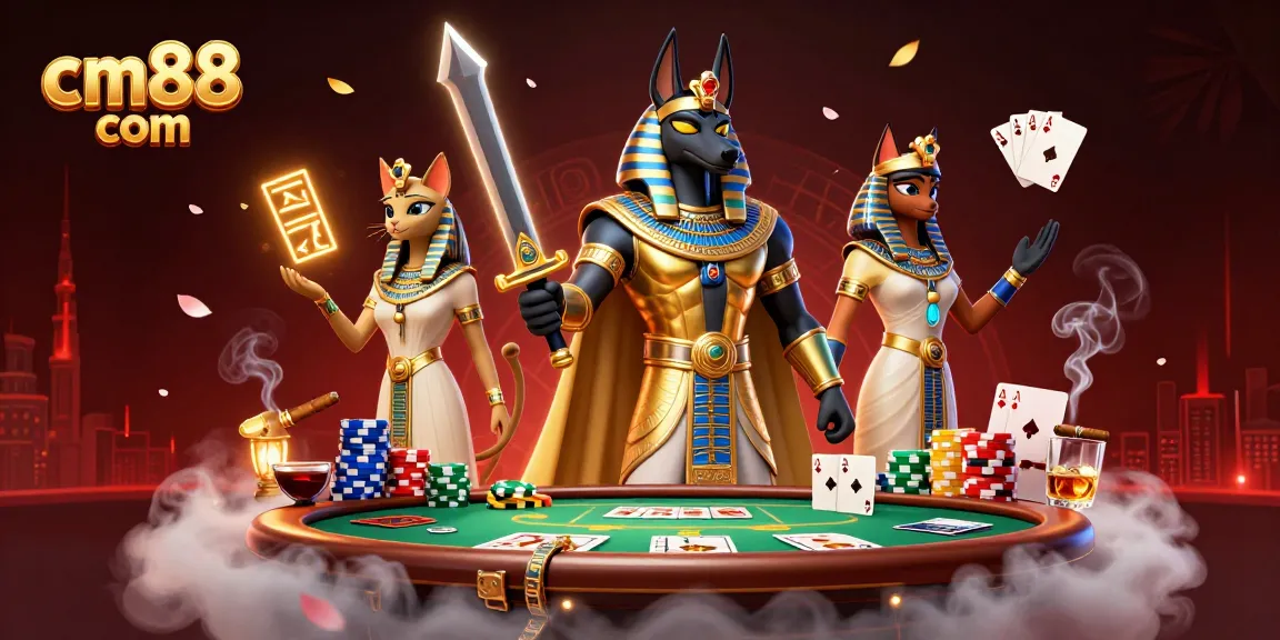 Experience thrilling poker action at cm88 com with ancient Egyptian warriors and a vibrant casino scene.