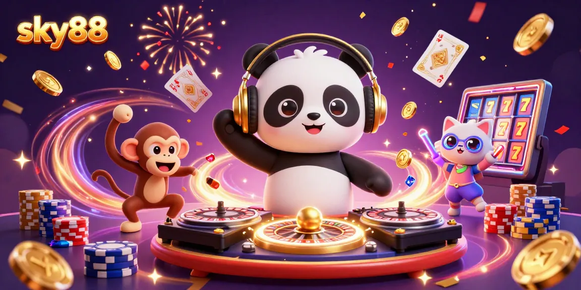 Spinning roulette wheels and vibrant characters symbolize exciting gaming moments at sky88 casino
