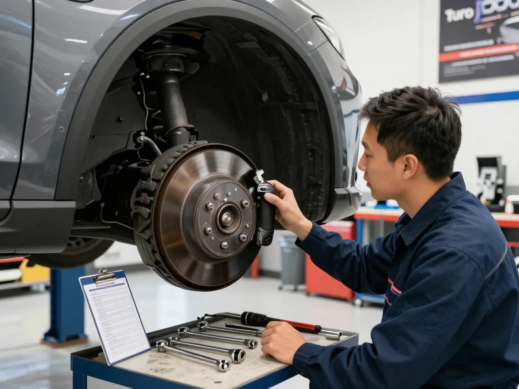Turo inspection process showing technician checking vehicle brakes and tires in a bright automotive workshop.
