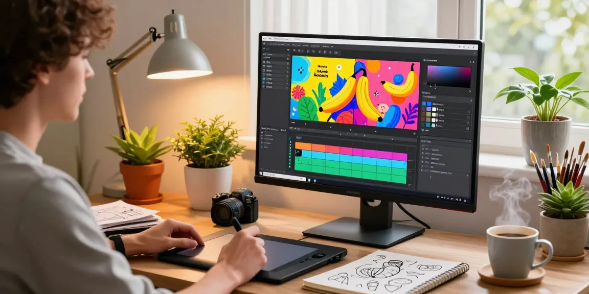 Creator using nano banana AI image editor in a vibrant home office, showcasing creativity and innovation.