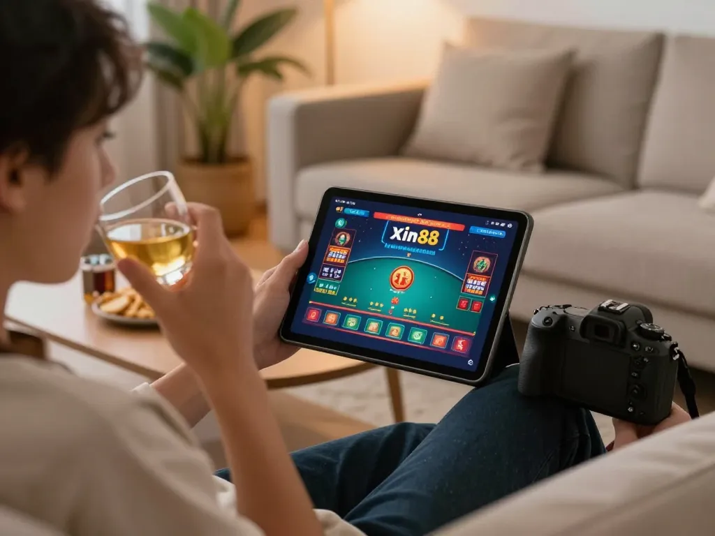 Player immersed in online gaming with Xin88 on a tablet, enjoying a cozy home atmosphere.