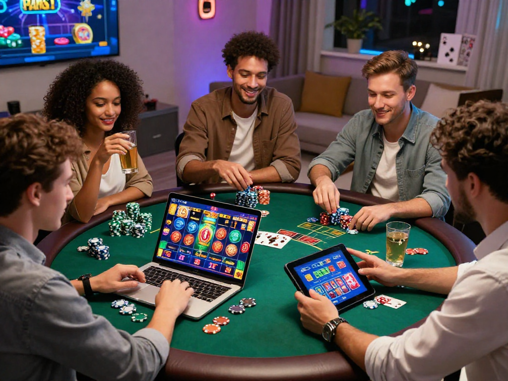 Giocatori felici che esplorano siti non AAMS, godendosi un'atmosfera vivace e sicura con giochi online.