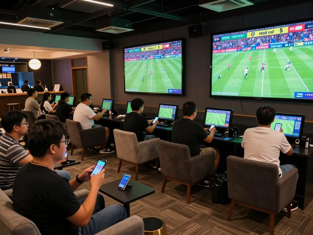 Kèo Nhà Cái 5 sports betting patrons actively engaging on their smartphones, cheering for their favorite teams.