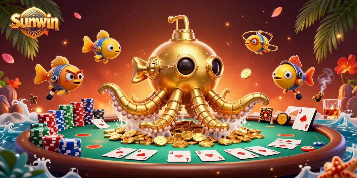 Engage with Sunwin's thrilling gameplay featuring golden kraken amidst poker action and gold coins