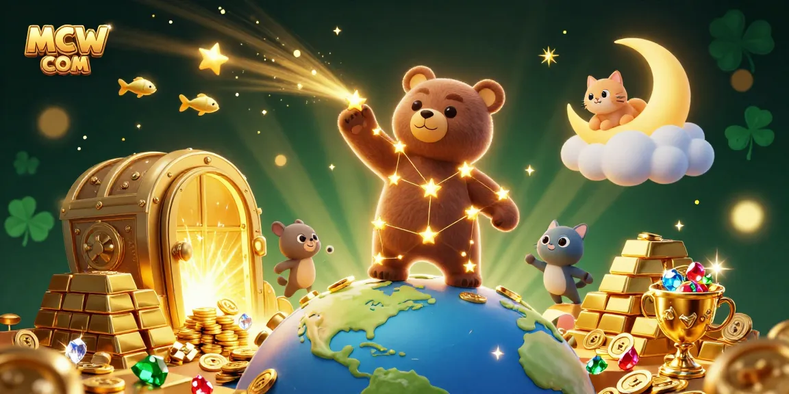 Exciting scene featuring MCW COM with a constellation bear collecting coins, surrounded by casino treasures.