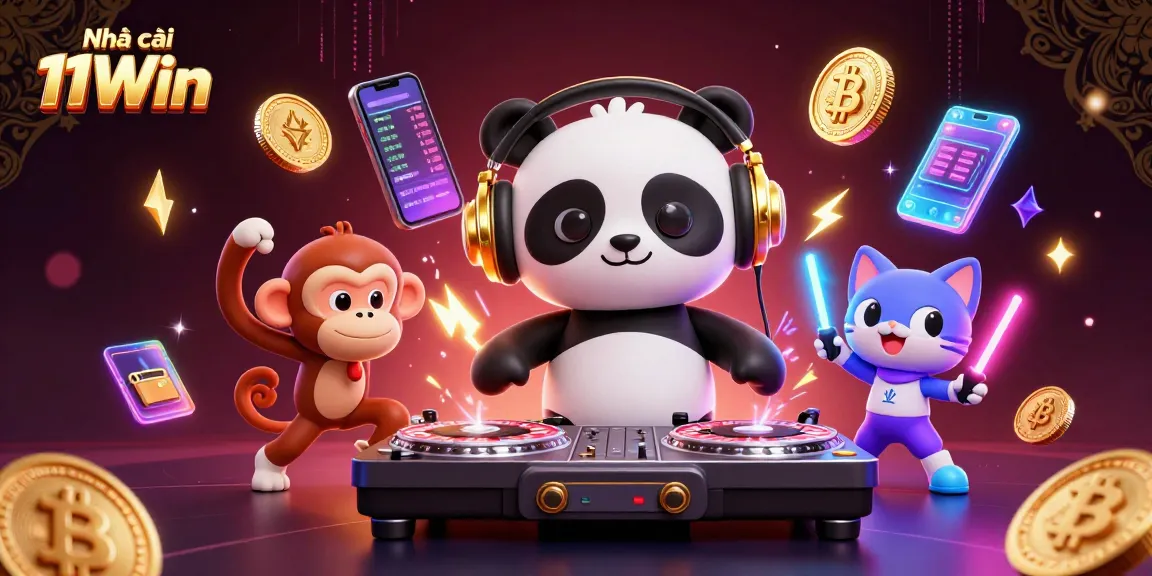 Engage with the vibrant world of Nhà cái 11Win through a lively casino scene featuring 3D characters and crypto elements.