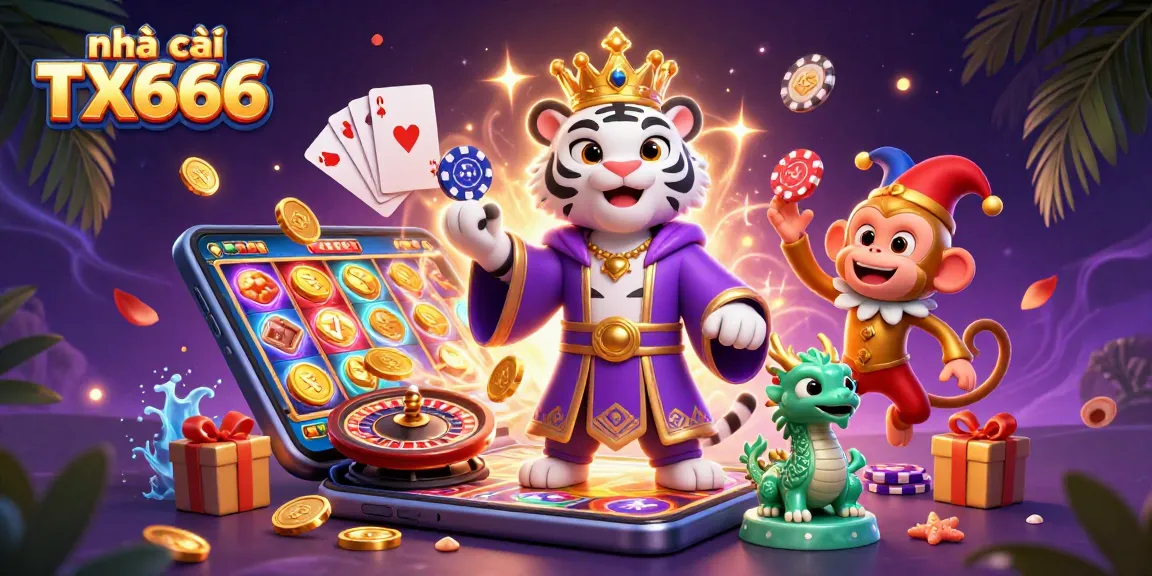 Engage with nhà cái TX666's thrilling gambling experience, featuring a lively scene of iconic characters and colorful game elements.