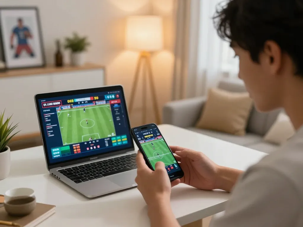 Betting on dagago through a smartphone in an upbeat home environment with sports commentary elements.