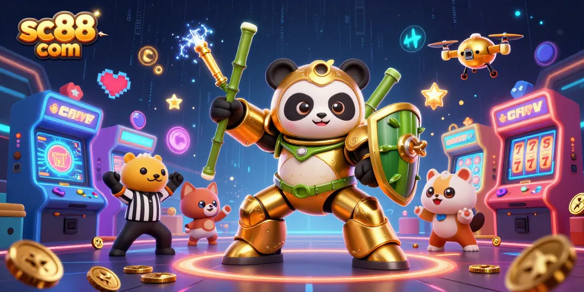 Experience the excitement of sc88 com with a vibrant 3D casino illustration showcasing arcade games and a mech-suited panda.