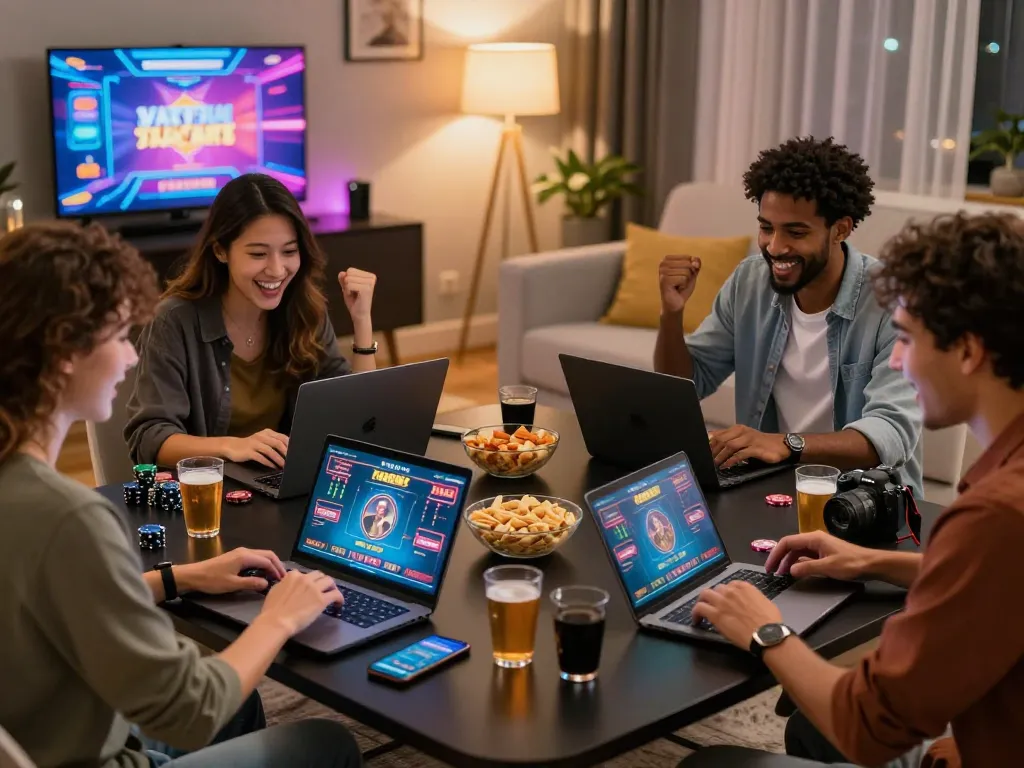 Friends enjoying a game night online at trang chủ rr88 with laptops and snacks.