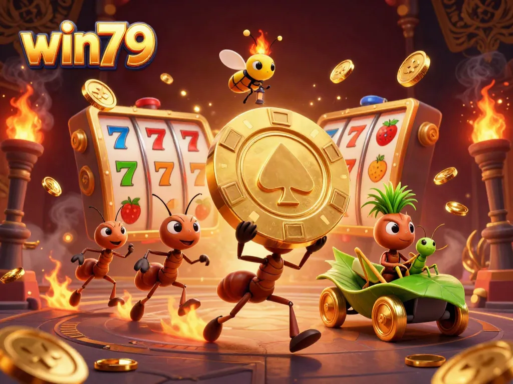 win79 ants carry a giant poker chip through a dynamic casino-themed heist scene.