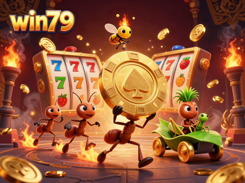 win79 ants carry a giant poker chip through a dynamic casino-themed heist scene.