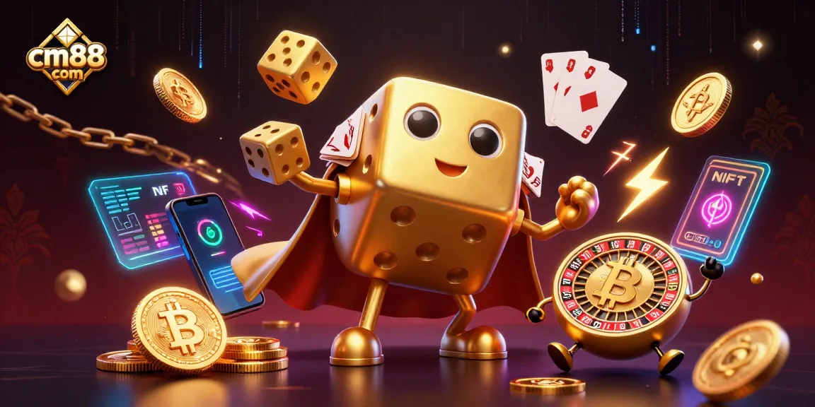 Win at cm88 com with an exciting 3D casino scene featuring a golden dice golem and crypto elements.