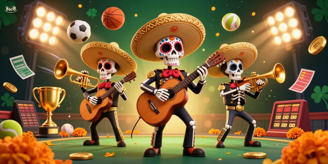 Engage in thrilling betting action with 8sc88, featuring a vibrant 3D mariachi band amidst dynamic sports elements.
