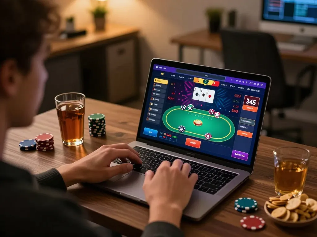 MM88 poker gaming session on laptop with vibrant graphics and cozy ambiance.