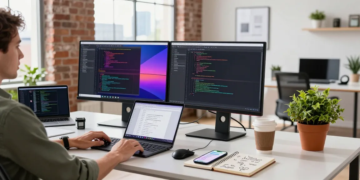 Developer at telegraimin.com workspace focused on coding in a modern office