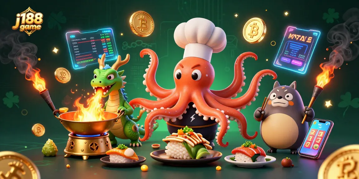 Play the j188 game in a vibrant scene with a sushi chef octopus and a fiery dragon.