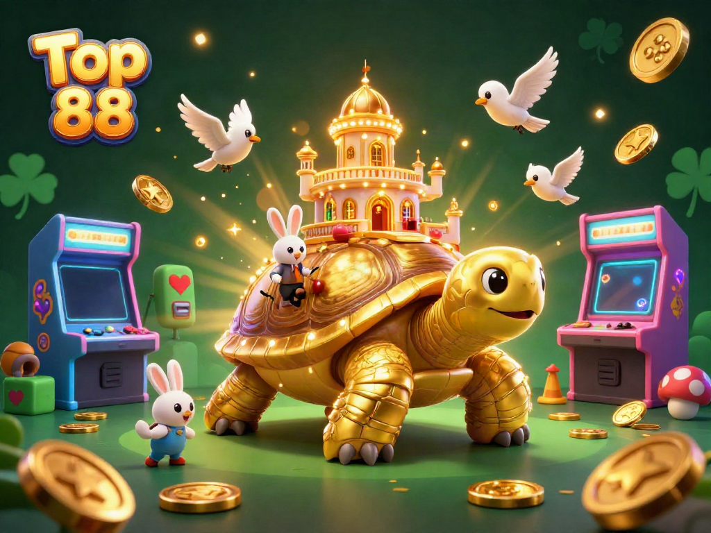 Engage with Top 88's vibrant gaming world featuring a golden tortoise casino and dynamic scenes.