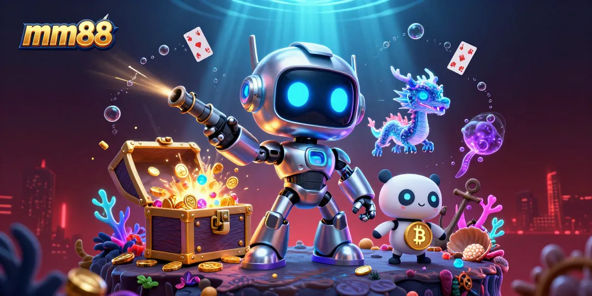 Win big at mm88, showcasing a vibrant 3D casino scene with robotic characters and gold treasures.
