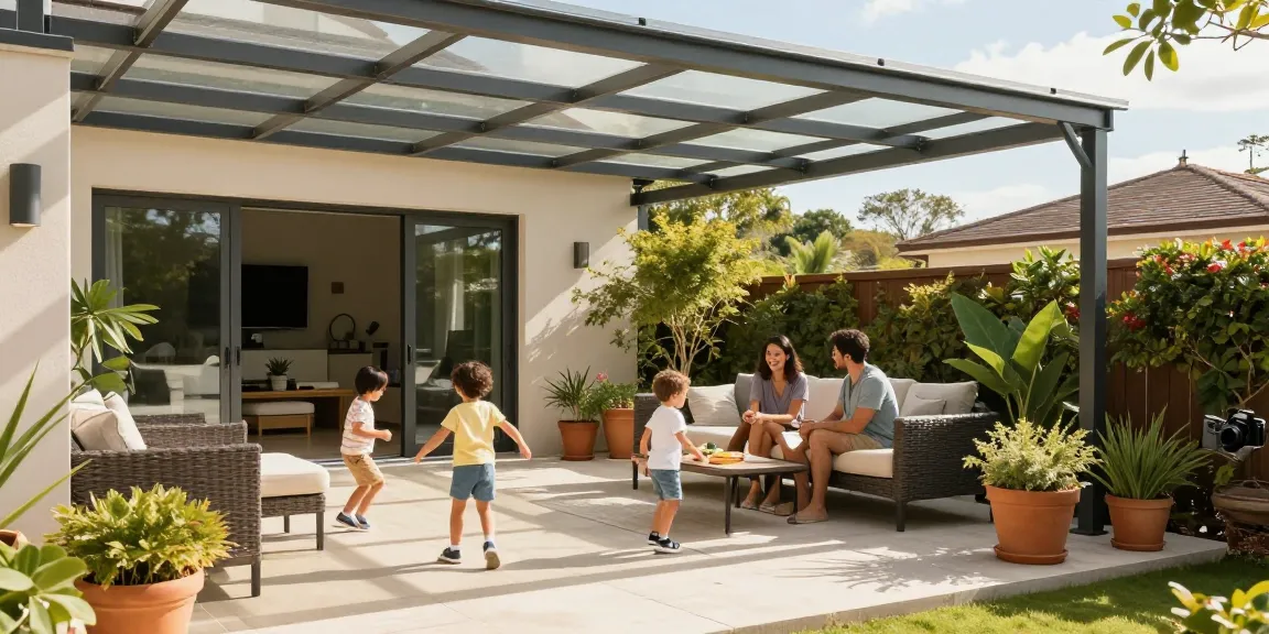 Terrassenüberdachungen in modernem Garten mit Familie und Spielzeug auf Terrasse.