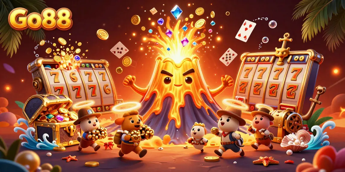 Experience thrilling wins with Go88, featuring a vibrant scene of a golden volcano and colorful casino treasures.