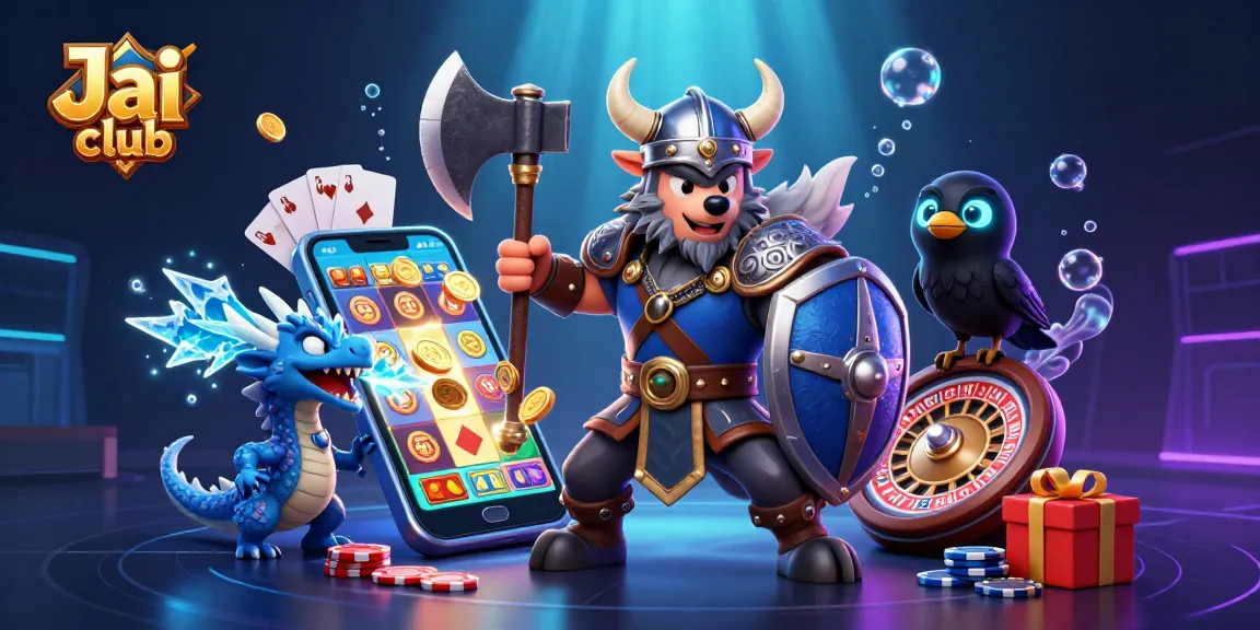 Engage with Jai club through a vibrant fantasy world featuring a Viking warrior, dragon, and gambling icons.