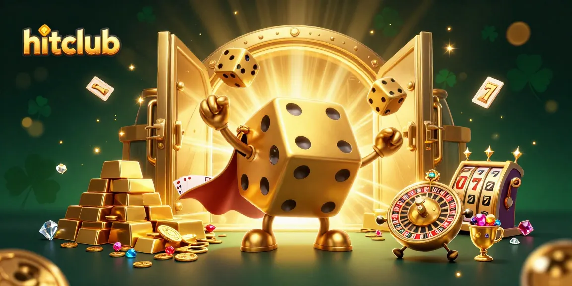 hitclub showcases a vivid 3D scene with golden dice golem and vibrant casino elements, embodying gambling excitement.