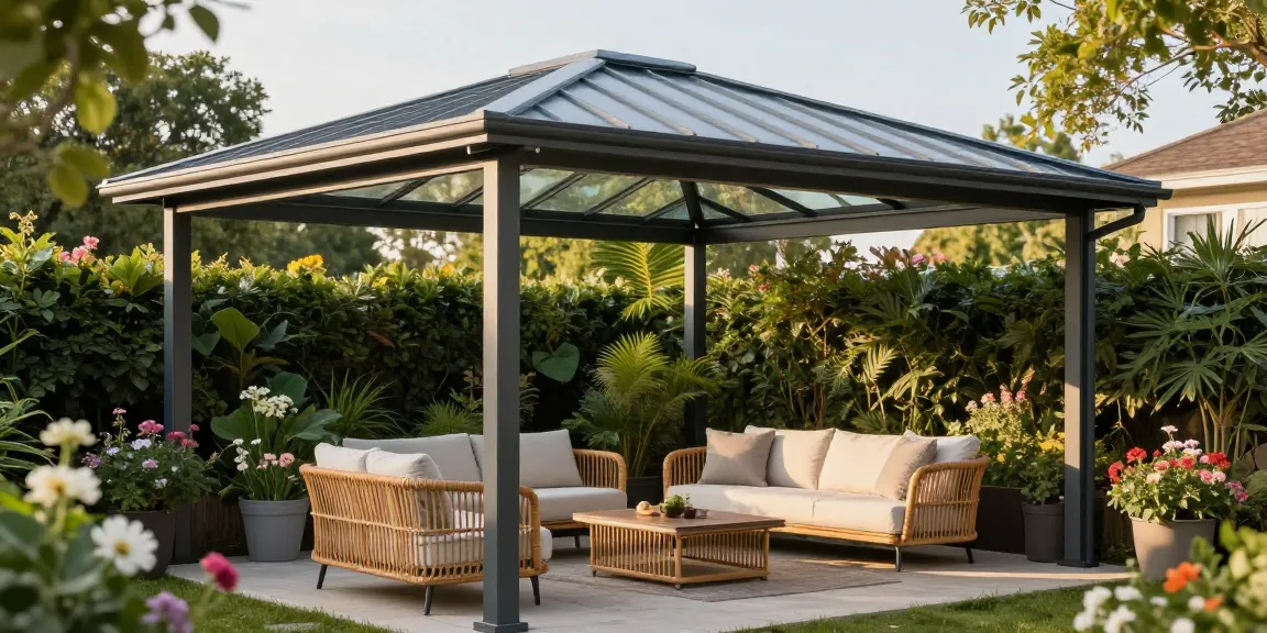 Moderne Terrassenüberdachung mit stilvollem Sofa und Pflanzen im Garten.