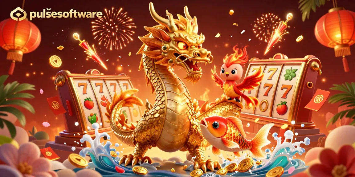 Experience pulsesoftware's engaging gaming adventure with a dragon, phoenix, and koi fish amidst slot elements and coins.