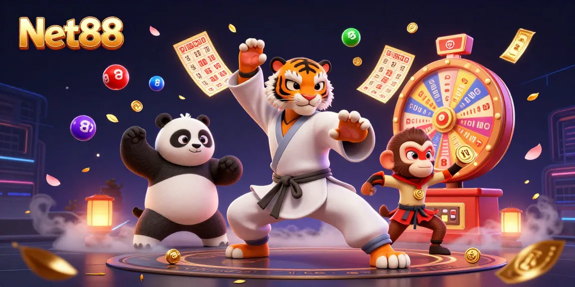 Net88 engages in exciting lottery action with vibrant elements and playful characters.