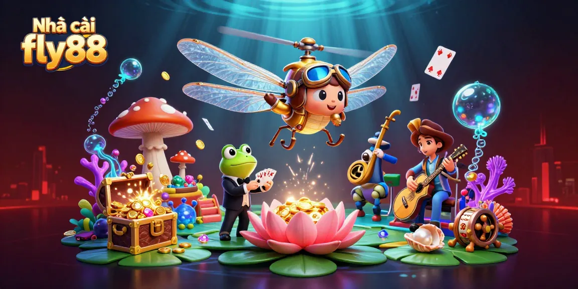 Nhà cái fly88 showcases a vibrant casino scene with a dragonfly pilot and lively casino elements.