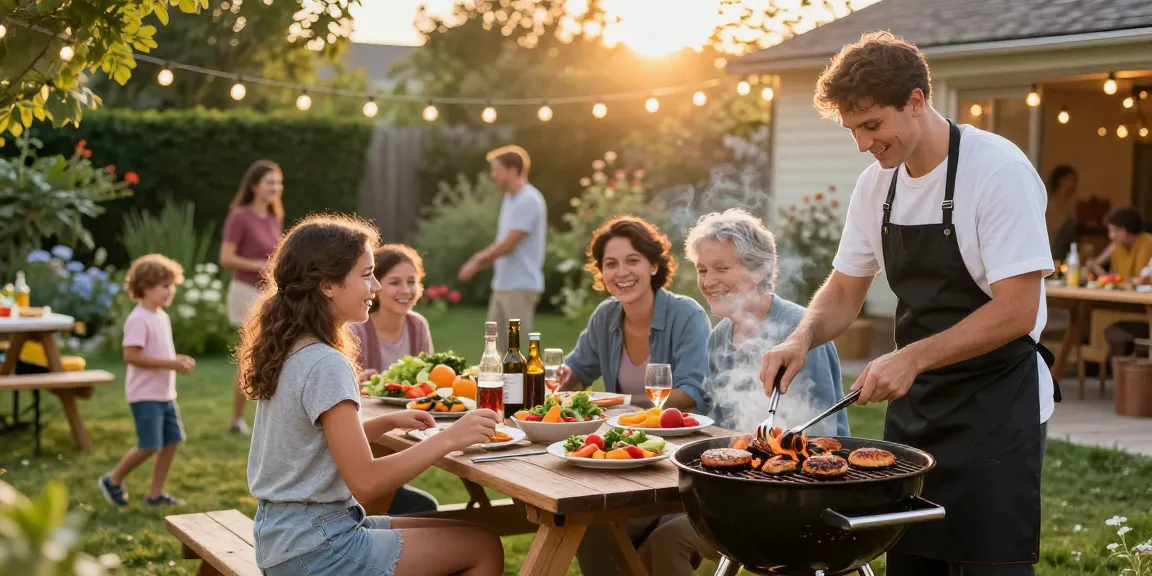 Link BOS88 dalam suasana barbeque outdoor, keluarga dan teman berkumpul menikmati hidangan.