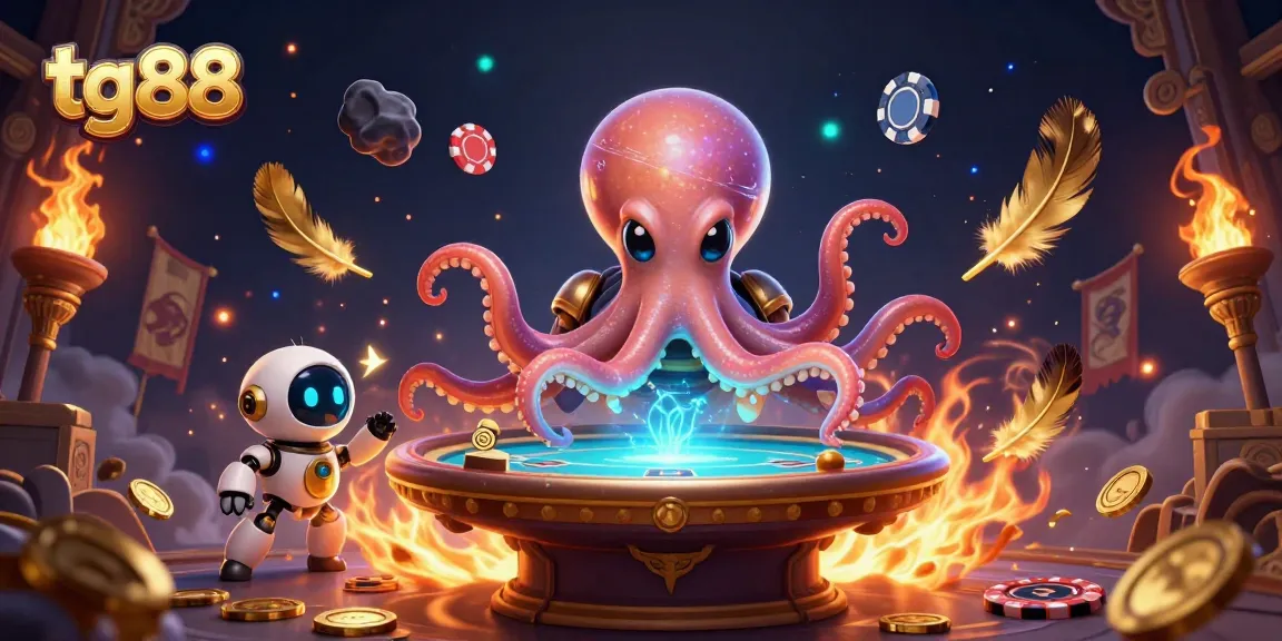 Experience the excitement at tg88 with a vibrant casino scene featuring an alien octopus and a robot under cosmic lights.