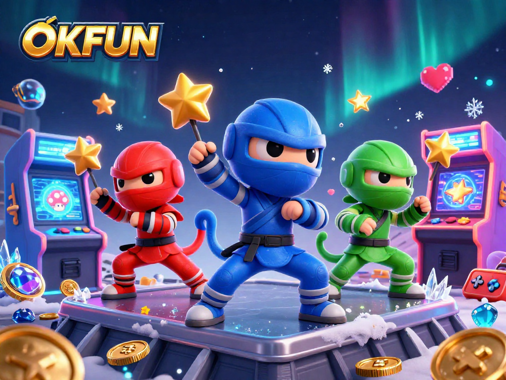 Experience exciting gaming action at OKFUN with vibrant cartoon chameleon ninjas and dynamic game elements.